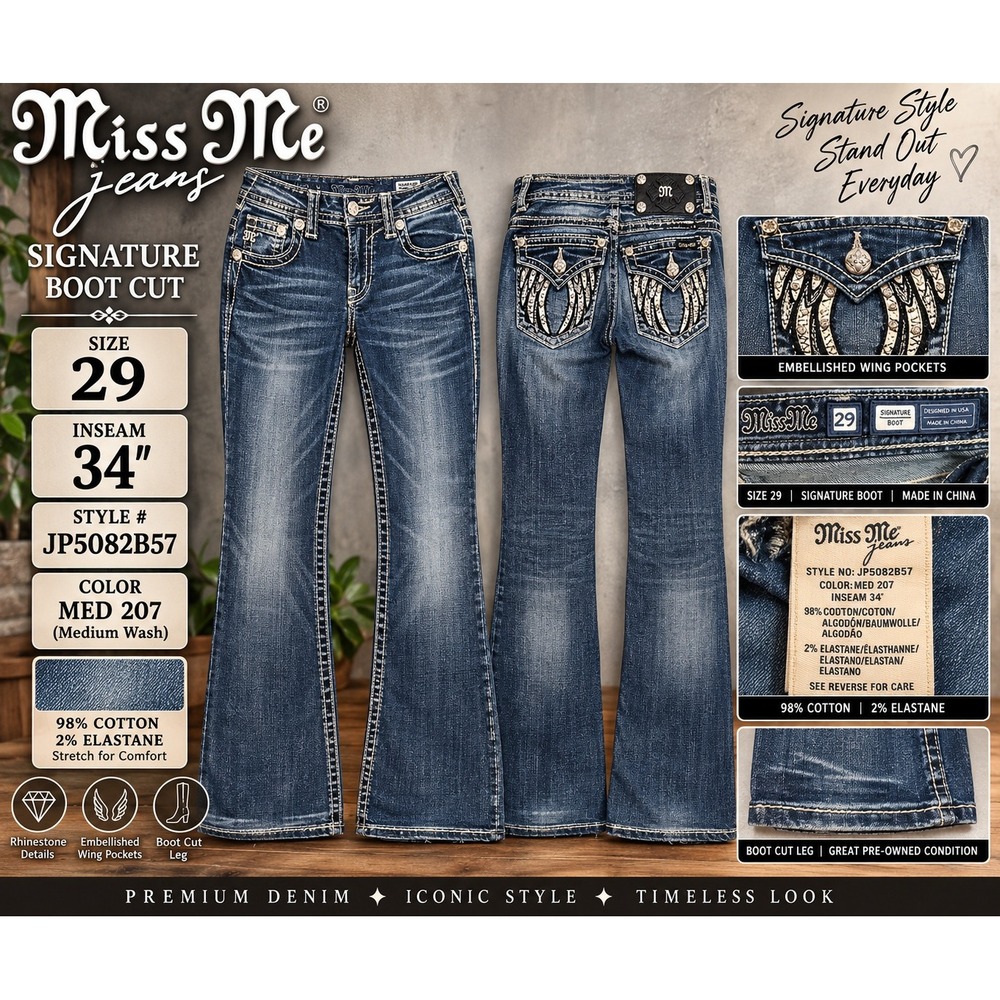 Miss Me Signature Boot Cut Jeans JP5082B57 Med 207 Wing Pockets 29x34